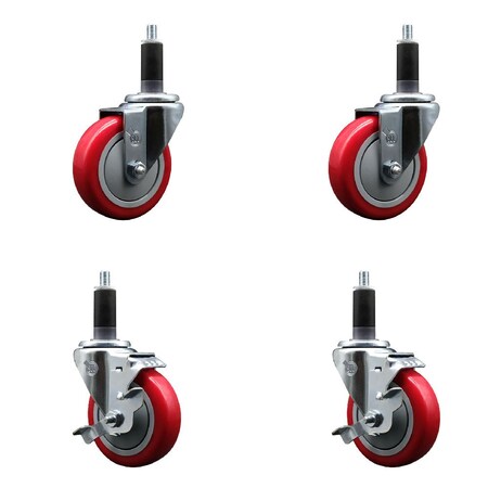 Service Caster 4'' Red Poly Wheel Swivel 1-1/8'' Expanding Stem Caster Set 2 Brakes, 4PK SCC-EX20S414-PPUB-RED-2-TLB-2-118